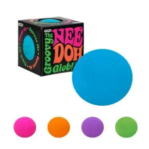 NeeDoh GloBall sensory squishy ball shown with packaging and pink, orange, purple and green colour options — Adventure Awaits