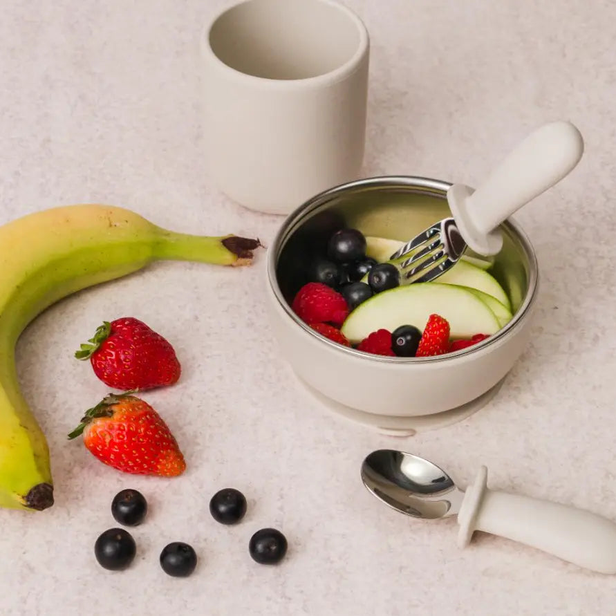 Cream baby bowl and cutlery set with fruit, spoon and fork — Adventure Awaits