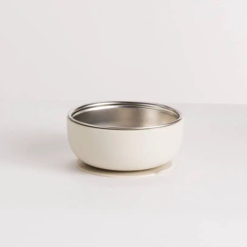 Cream baby bowl with stainless steel interior and suction base — Adventure Awaits