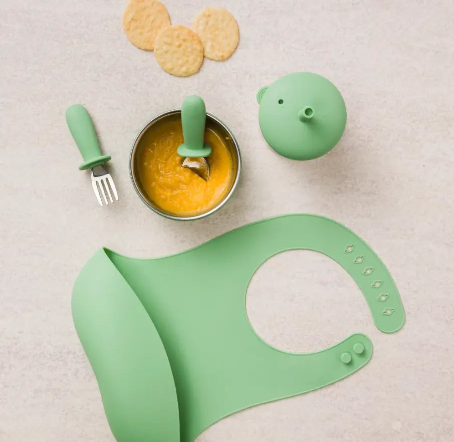 Mint green baby feeding set with silicone bib, bowl, lid, spoon and fork — Adventure Awaits