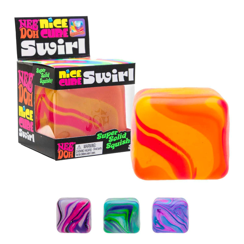 Colorful swirled cube with packaging labeled 'Nice Cube Swirl' on a white background