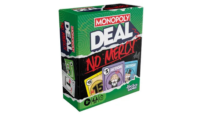 Adventure Awaits Monopoly Deal No Mercy compact card game box by Hasbro Games for fast family fun