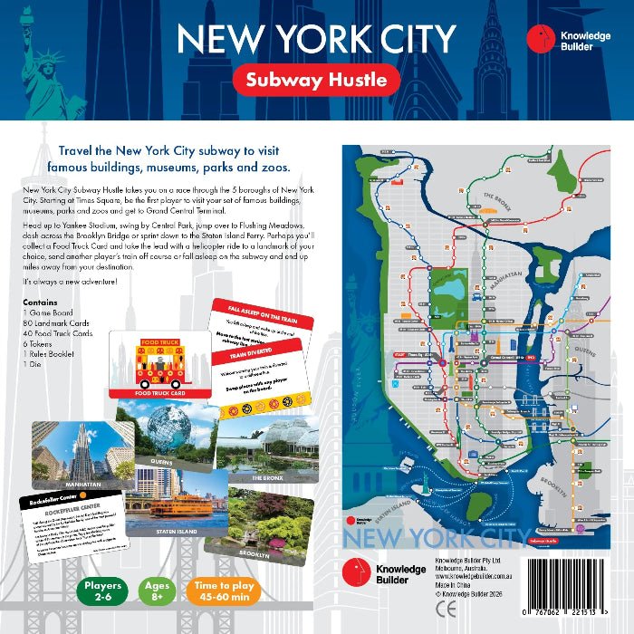 Back of New York City Subway Hustle board game box with map, cards and play details — Adventure Awaits