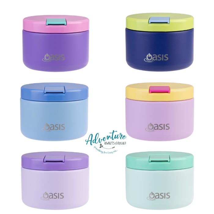 Oasis insulated food jars in six colourful designs with secure clip lids — Adventure Awaits