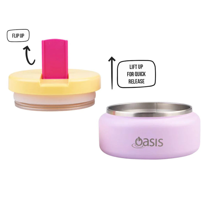 Oasis insulated food jar lid with flip up tab and quick release function, shown with open jar base for easy use at home or travel Adventure Awaits