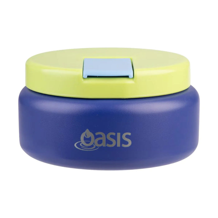 Oasis insulated food jar in blue with green lid, compact food storage solution for keeping meals fresh at home or travel Adventure Awaits