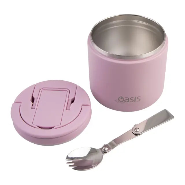 Oasis insulated food jar in pink with lid and foldable spoon, stainless steel lunch container for hot or cold meals on the go or travel Adventure Awaits