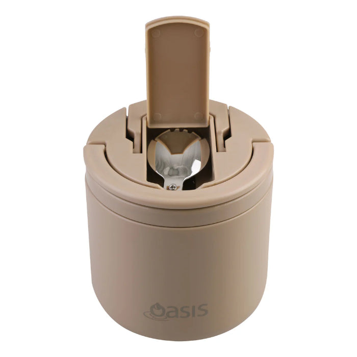 Oasis insulated food jar in beige with flip up lid and built in spoon, compact leak resistant lunch container for meals on the go or travel Adventure Awaits