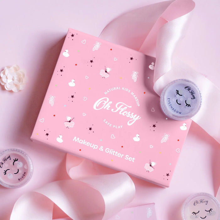 Oh Flossy kids makeup and glitter set in pink gift box with ribbon, sweet pretend play gift idea Adventure Awaits