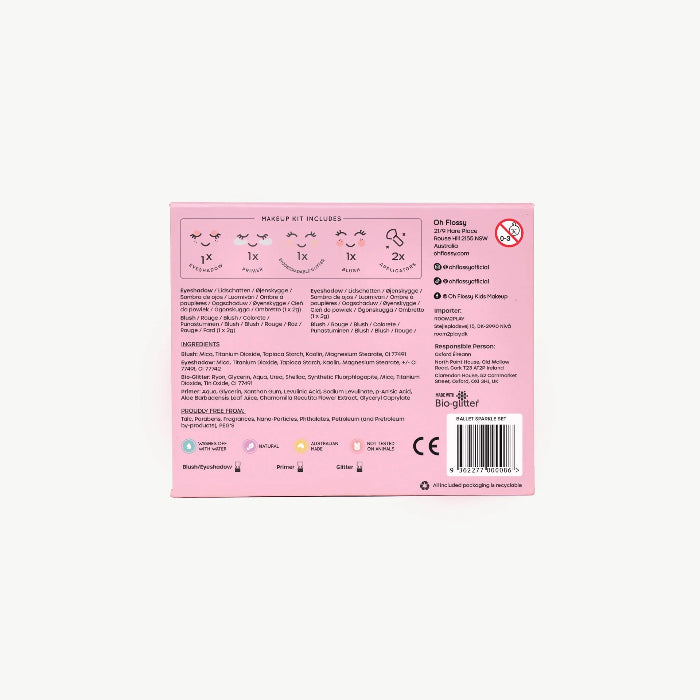 Back of Oh Flossy kids makeup and glitter set box showing ingredients and instructions, safe pretend play gift Adventure Awaits