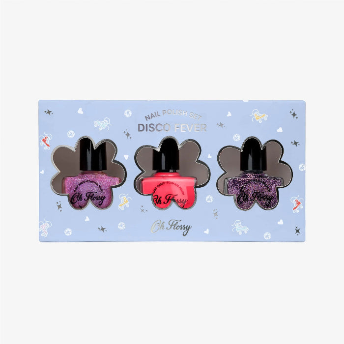 Oh Flossy kids nail polish set Disco Fever with bright and glitter shades, fun non toxic dress up gift Adventure Awaits