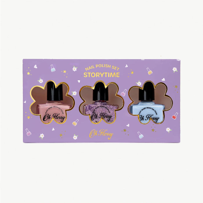 Oh Flossy kids nail polish set Storytime with pastel and glitter shades, fun non toxic gift for dress ups Adventure Awaits
