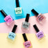 Oh Flossy kids nail polish range in pastel and glitter shades on colourful background, non toxic fun gift Adventure Awaits