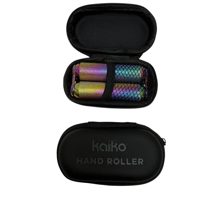 Kaiko Hand Roller sensory tool stored in a black zip case with two iridescent textured metal rollers