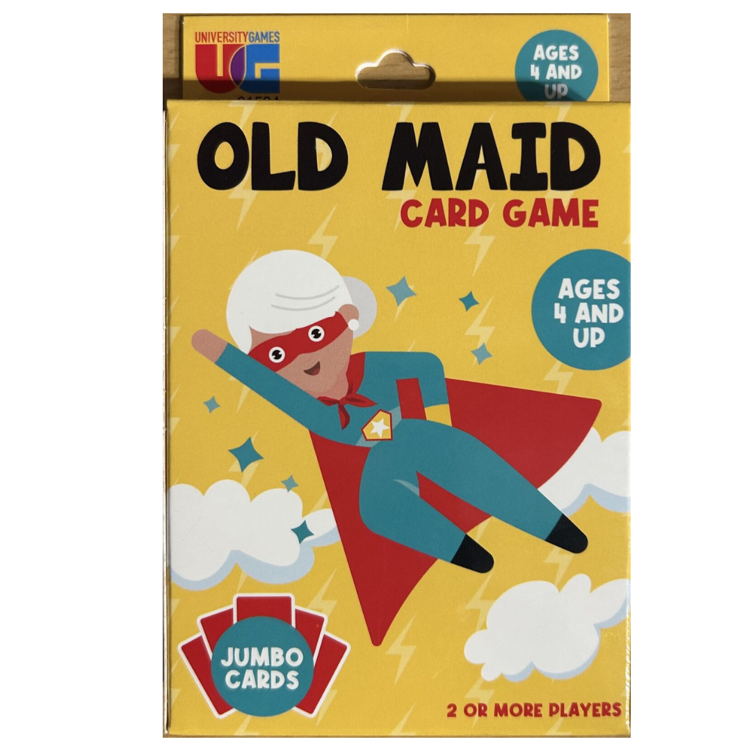 Old Maid card game packaging with superhero illustration on a yellow background