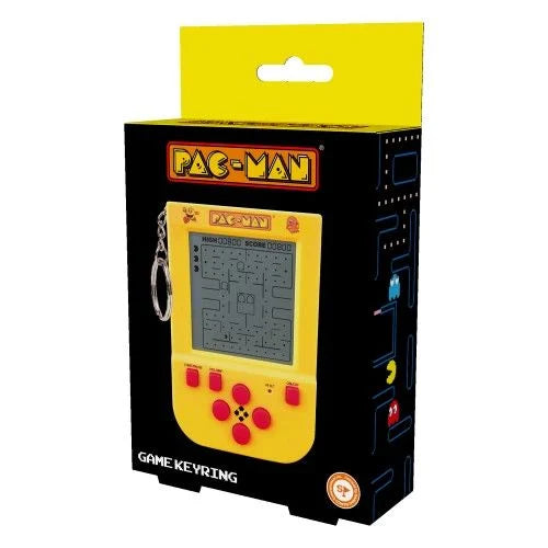 PAC-MAN Game Keyring in retail box with yellow mini handheld console and red controls — Adventure Awaits