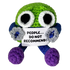 handmade crochet monster plush toy with oversized eyes holding a funny “People… Do Not Recommend!” sign