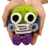 hands holding a quirky handmade crochet plush toy with a funny “People… Do Not Recommend!” sign