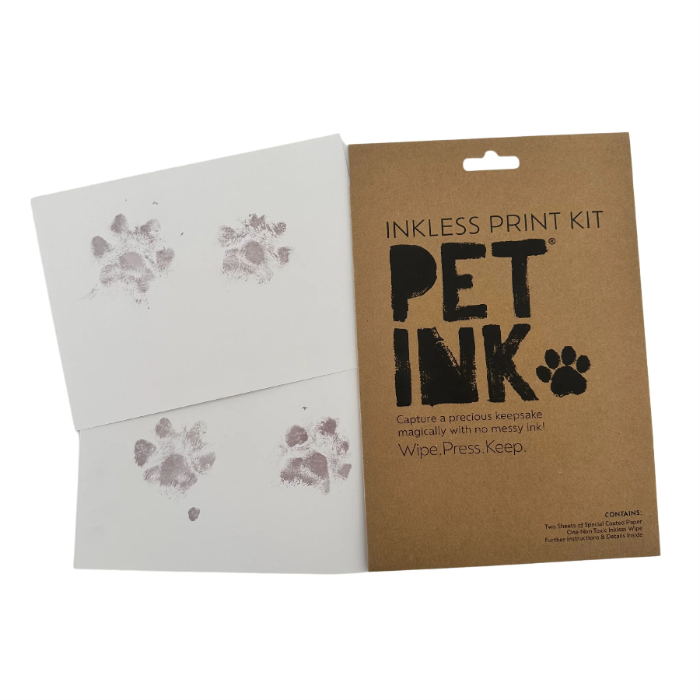 Pet Inkless Print Kit with paw prints on a white card alongside brown packaging.