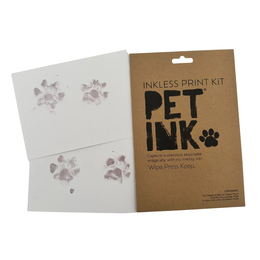 Pet Inkless Print Kit with paw prints on a white card and brown packaging.