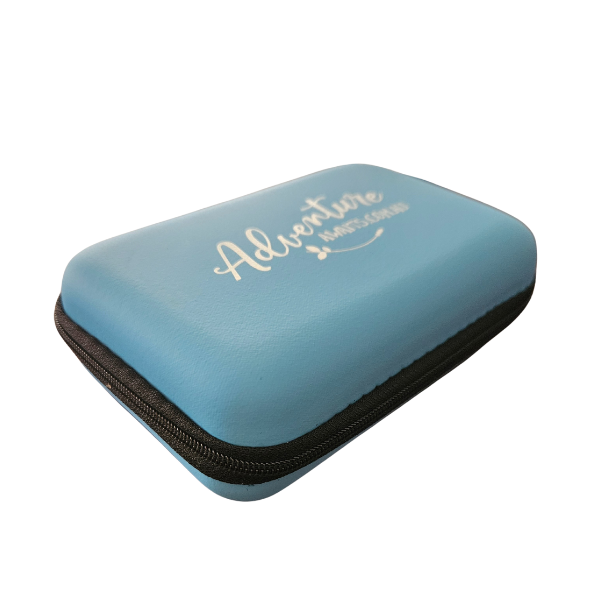 Blue 4 deck playing card case with 'Adventure' text on a white background