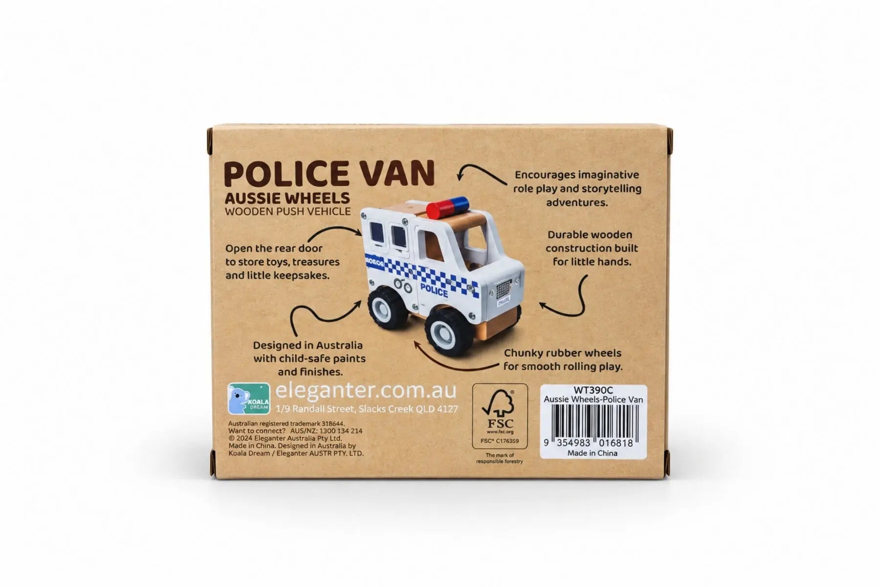 Back of Koala Dream Police Van box showing rear storage door, wooden build and chunky rubber wheels — Adventure Awaits