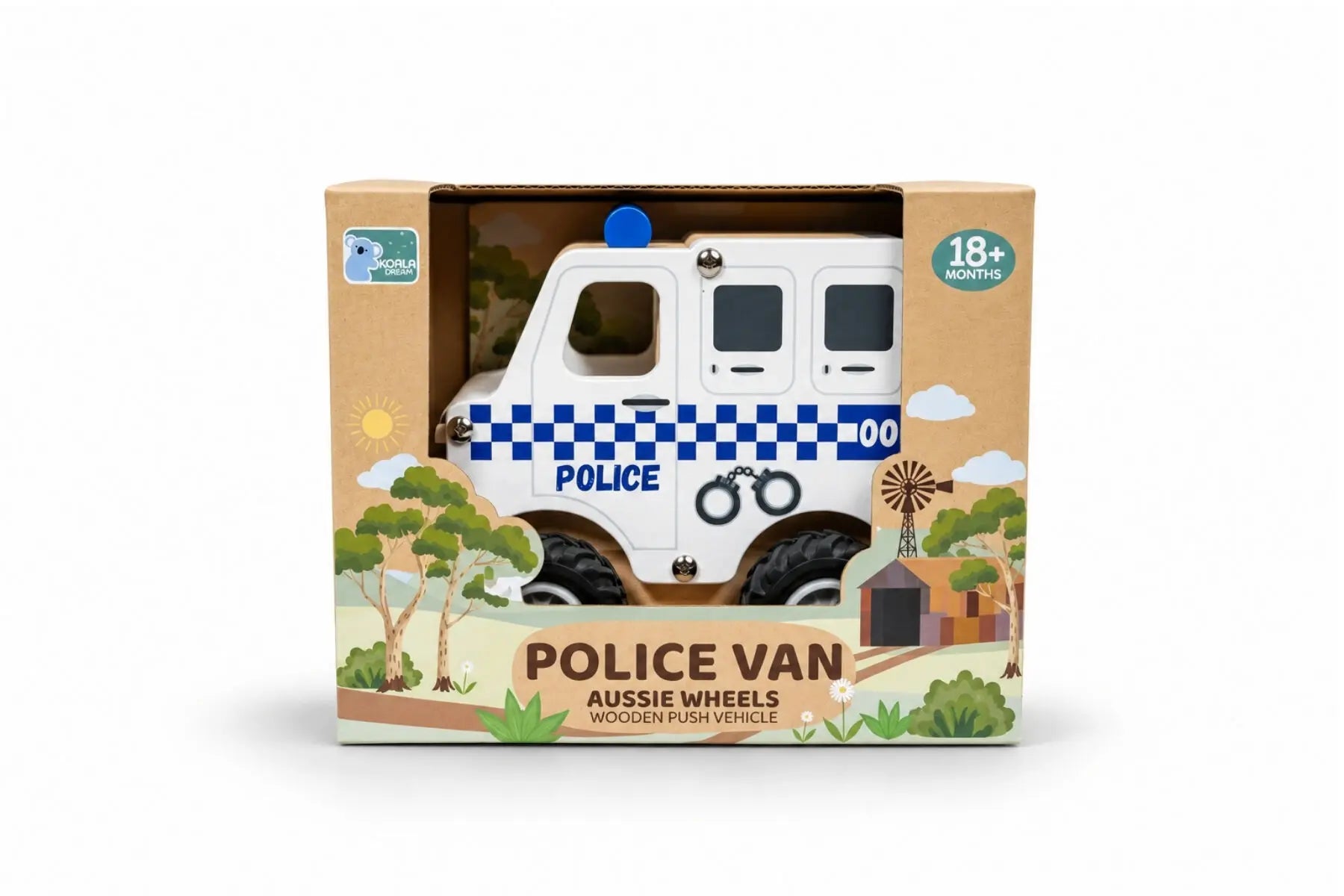 Koala Dream Aussie Wheels Police Van wooden push vehicle for ages 18 months plus in retail box — Adventure Awaits