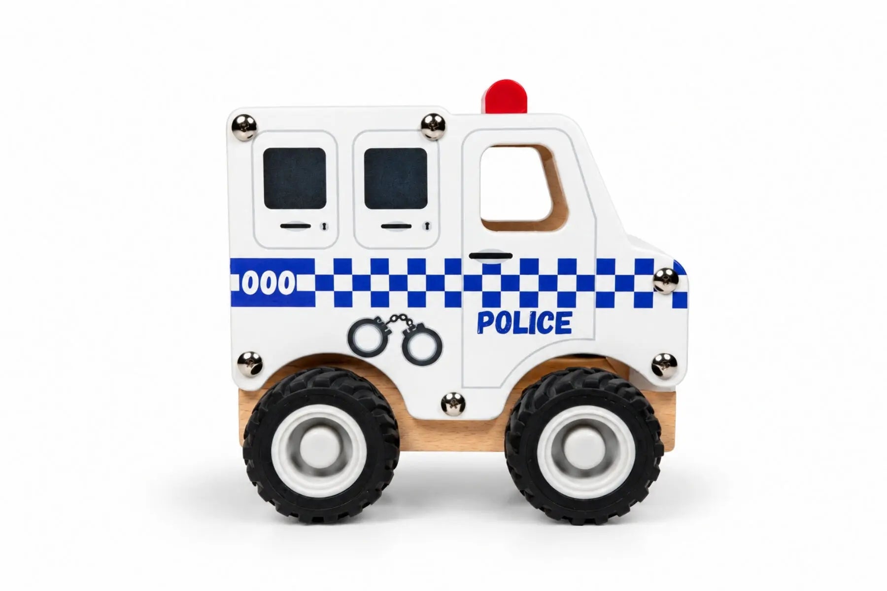 Side view of Koala Dream Aussie Wheels police van with blue checks and chunky black wheels — Adventure Awaits
