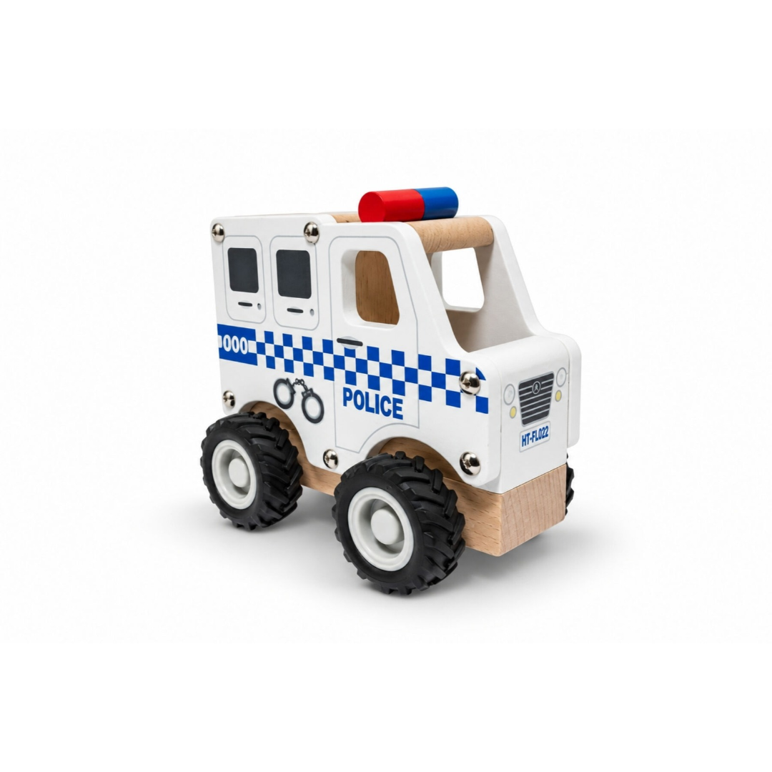 Koala Dream Aussie Wheels white wooden police van with blue light and chunky rubber wheels — Adventure Awaits