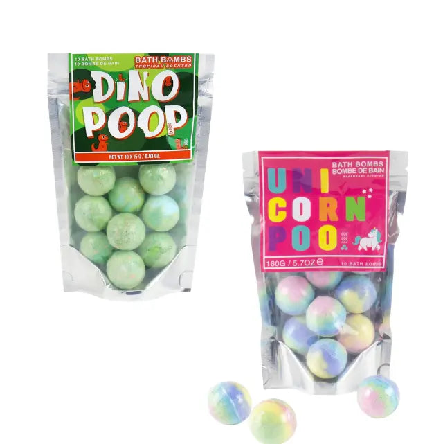 Dino Poop and Unicorn Poop bath bomb packs with green and pastel rainbow mini bath bombs — Adventure Awaits