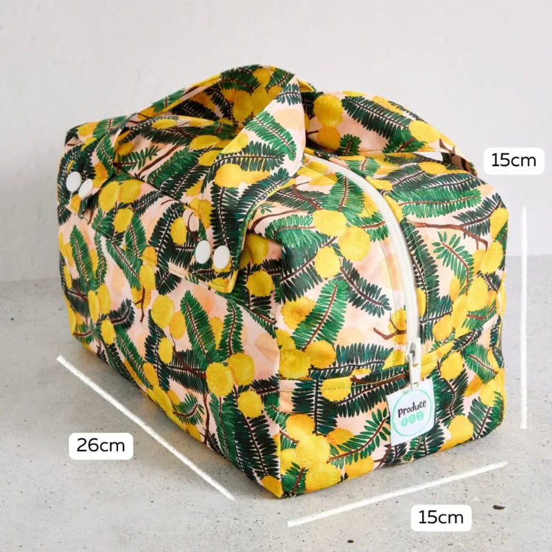zipped up produce bag on bench in wattle print with dimensions