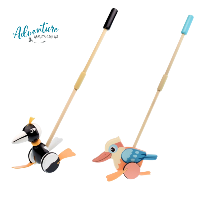 Wooden push along Kookaburra and Magpie