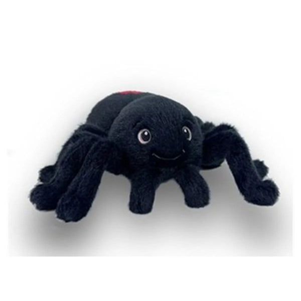 Black spider plush toy on a white background