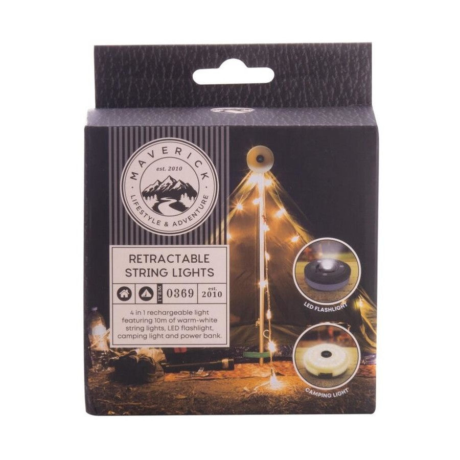 Packaging of Maverick retractable string lights with product images and text.