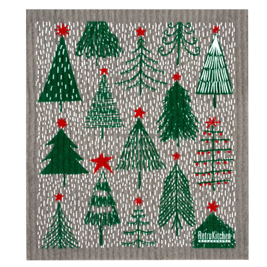 Textile with green Christmas tree pattern on a gray background