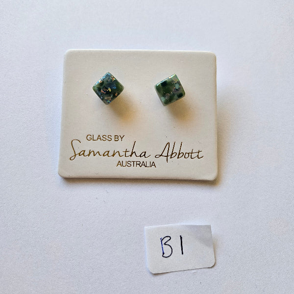 Pair of green square earrings on a branded card with 'Samantha Abbott Australia' on a white background.
