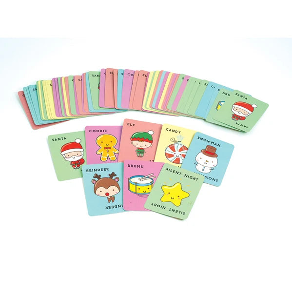 Santa Cookie Elf Candy Snowman card game with colourful Christmas character cards spread out — Adventure Awaits