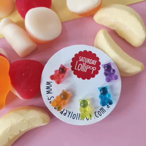 Saturday Lollipop gummy bear stud earrings in rainbow colours — Adventure Awaits