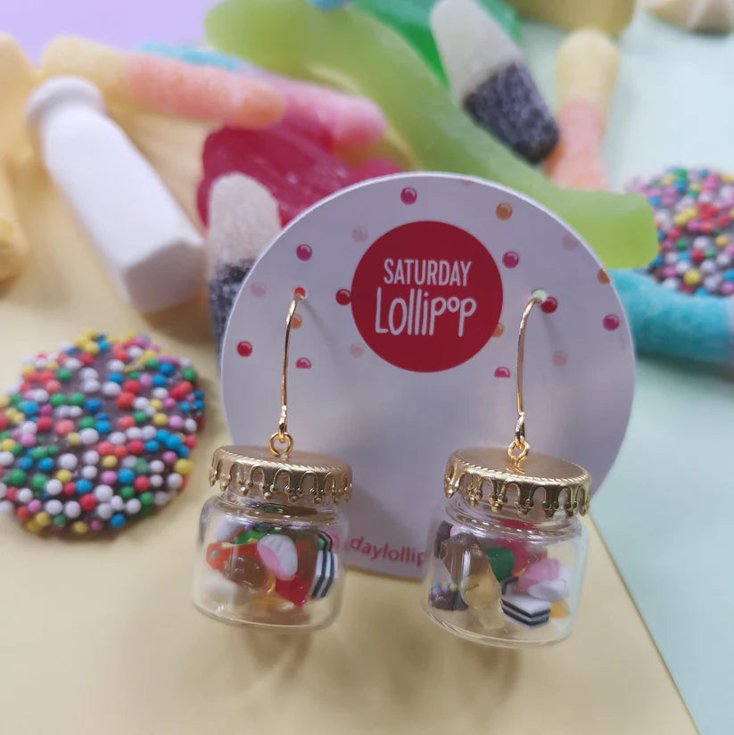 Saturday Lollipop lolly jar earrings with colourful sweets inside — Adventure Awaits