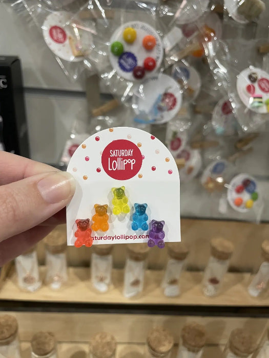 Saturday Lollipop gummy bear stud earrings held in store — Adventure Awaits