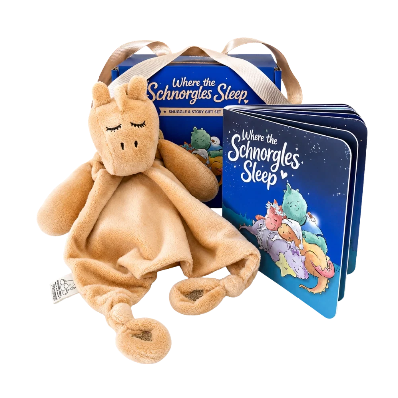 Where the Schnorgles Sleep gift set with tan sensory comforter and bedtime board book — Adventure Awaits