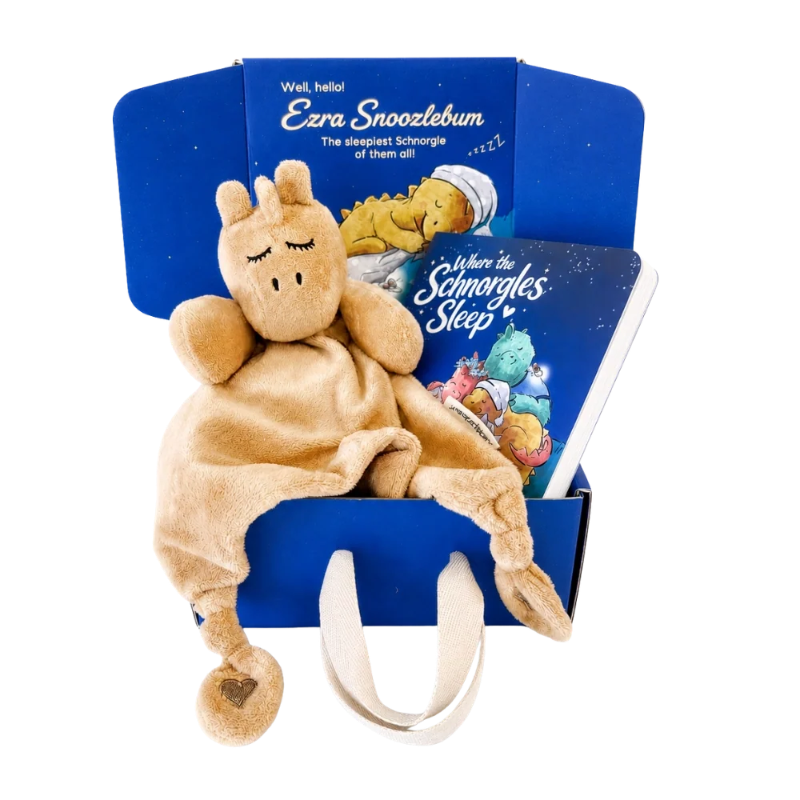 Ezra Snoozlebum comforter and Where the Schnorgles Sleep board book packed in blue gift box — Adventure Awaits