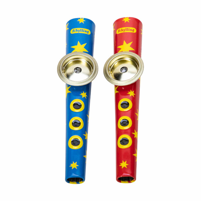 Blue and red tin kazoos by Schylling. 
