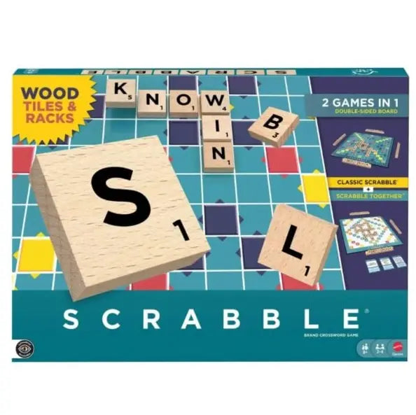 Adventure Awaits Scrabble board game with wooden letter tiles, racks and double sided game board