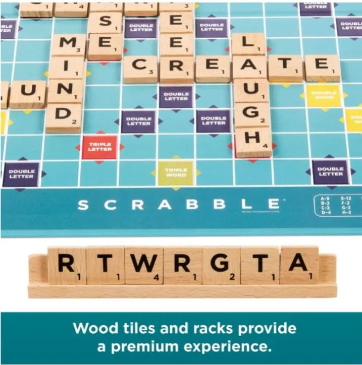 Adventure Awaits Scrabble game board with wooden letter tiles and racks showing premium word gameplay