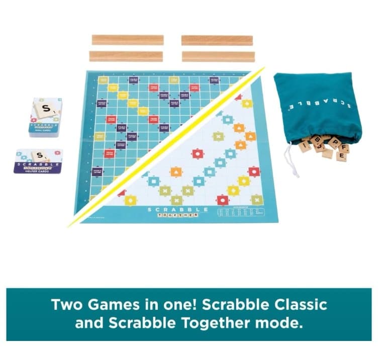Adventure Awaits Scrabble game set with double sided boards, wooden racks, letter tiles and beginner gameplay mode