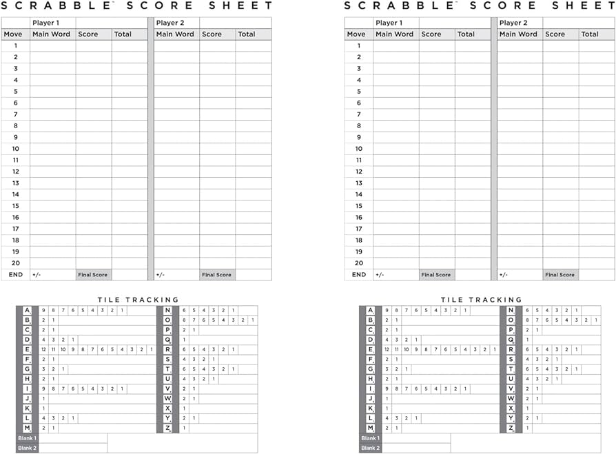 Scrabble score sheet pages with word scoring tables and tile tracking grids — Adventure Awaits