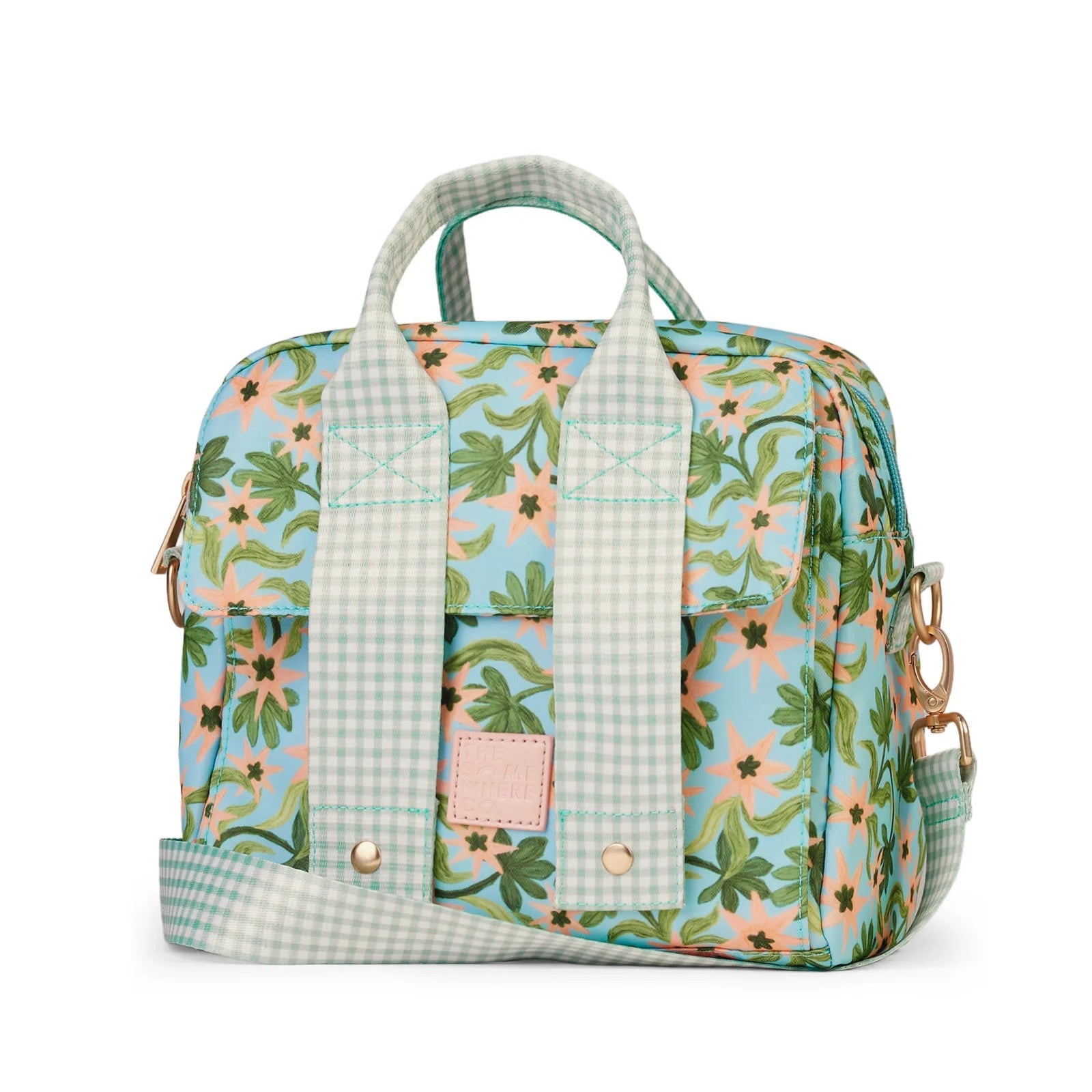 Floral patterned handbag with checkered accents on a white background