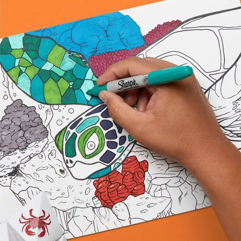 Hand colouring a detailed sea turtle illustration with a teal Sharpie permanent marker — Adventure Awaits