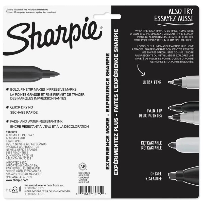 Back of Sharpie permanent marker packaging with fine tip features and alternate marker styles — Adventure Awaits